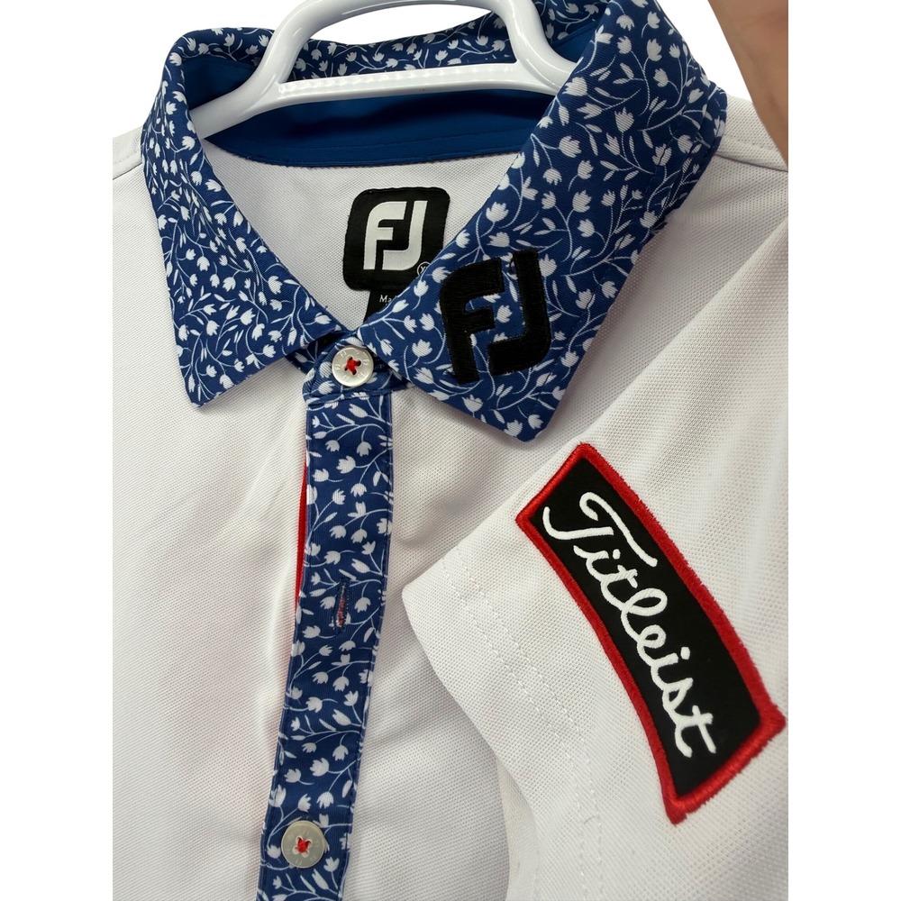 FootJoy Mens XL White Floral Collar Lisle Golf Polo Shirt Titleist Patch Patch